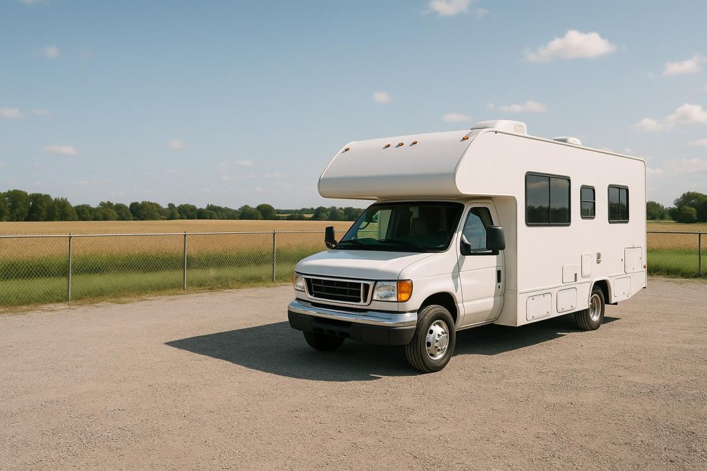 RV on a gravel lot providing secure outdoor RV storage near farmland.