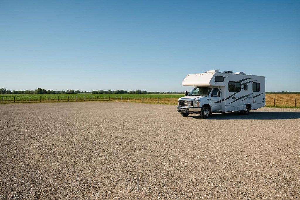 Spacious gravel lot with an RV parked, illustrating an RV storage facility.