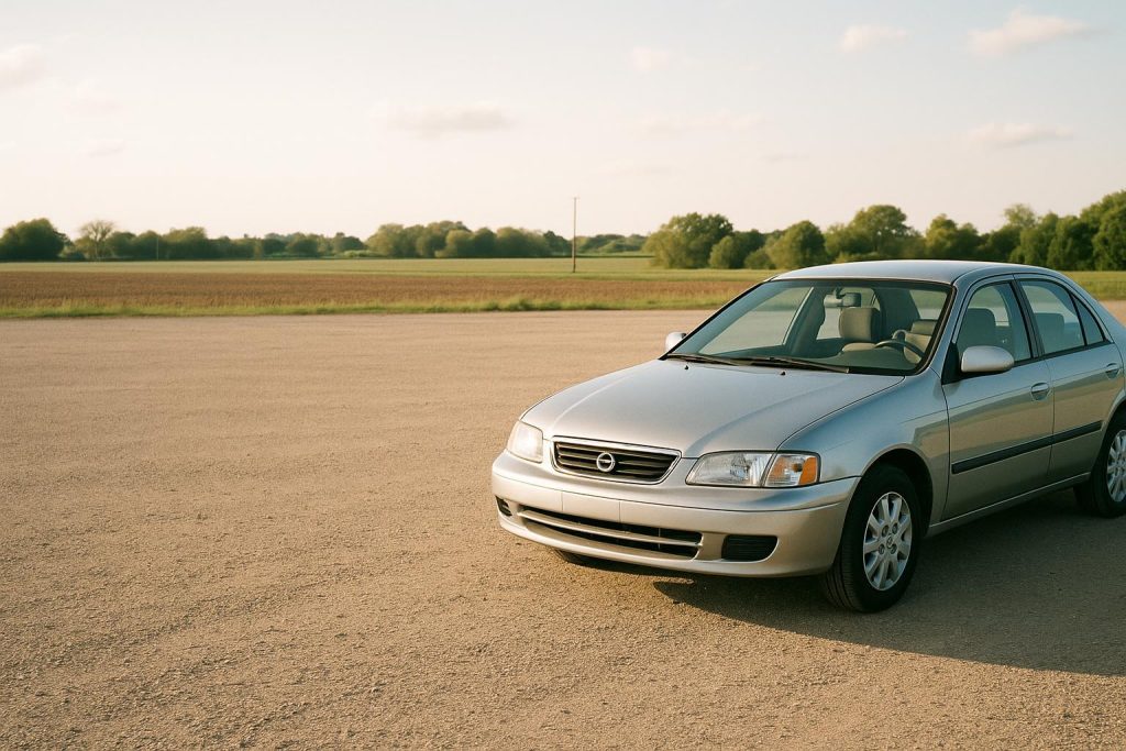 Parked car in a wide gravel car storage area with ample spacing and secure surroundings.