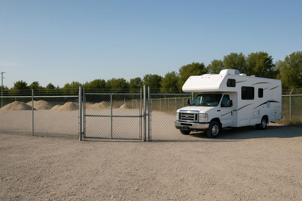 Fenced gravel lot with an RV behind a locked gate, illustrating secure outdoor RV storage solutions.
