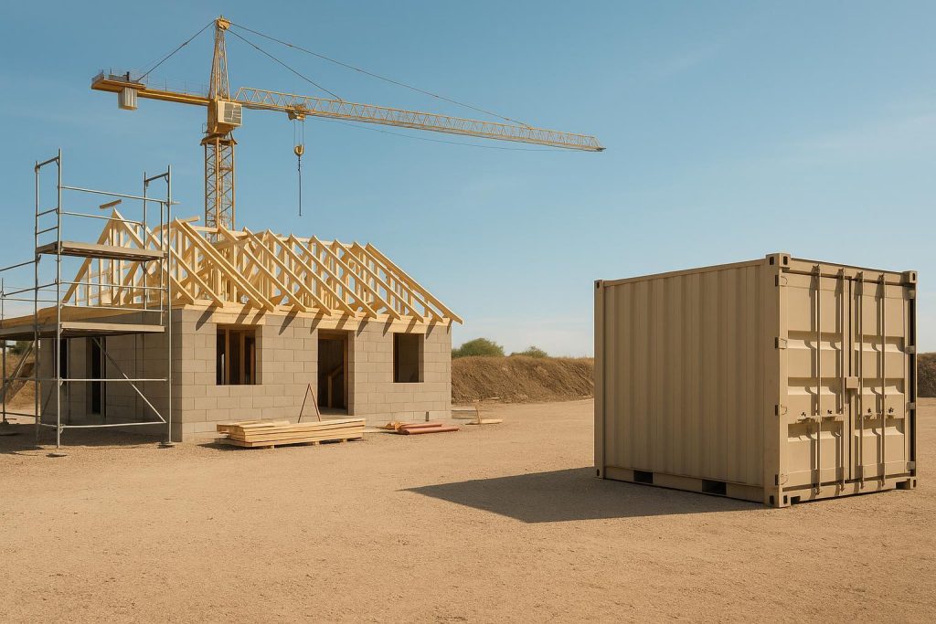 Sea can storage at a construction site for secure on-site equipment storage.