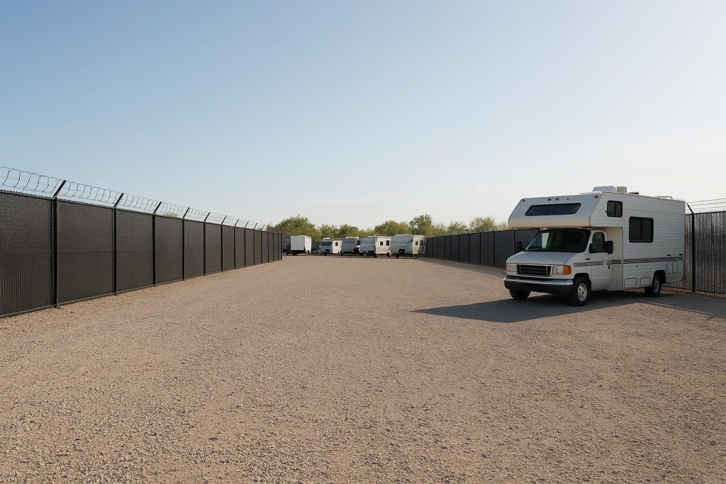 Spacious gravel lot with a secure fence, illustrating outdoor vehicle storage access.