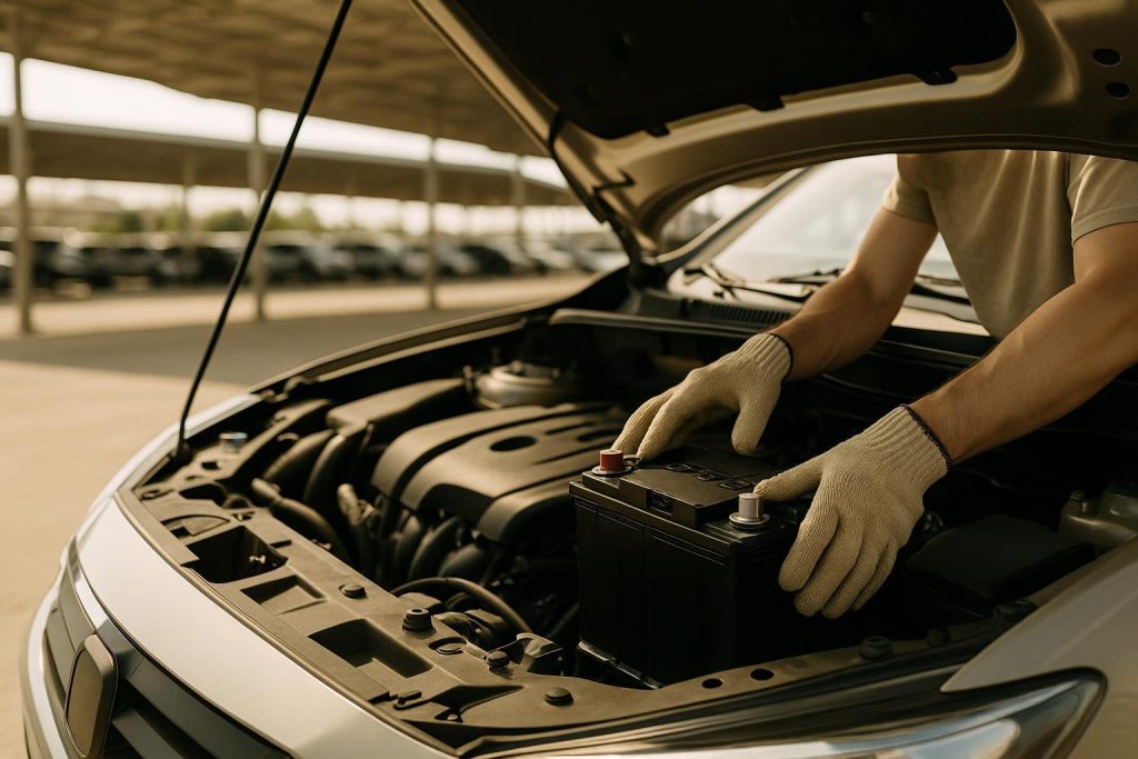 Gloved hands checking a car battery in an outdoor setting, emphasizing proper battery care during car storage.