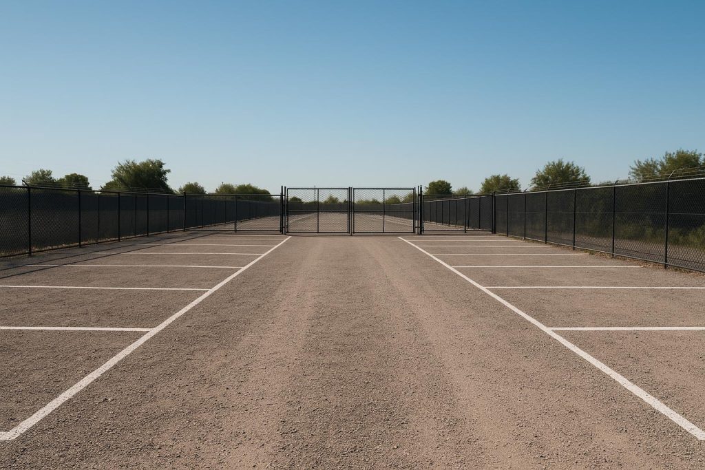 Secure fenced lot near Edmonton with ample space for vehicle storage.