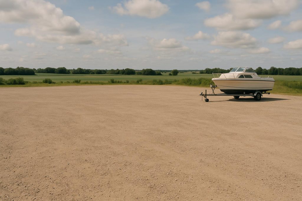 Outdoor boat storage with a trailer in a spacious gravel lot near farmland.