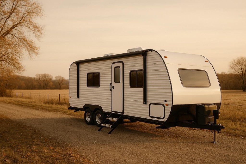 Travel trailer on gravel in late autumn, illustrating RV winter storage readiness.