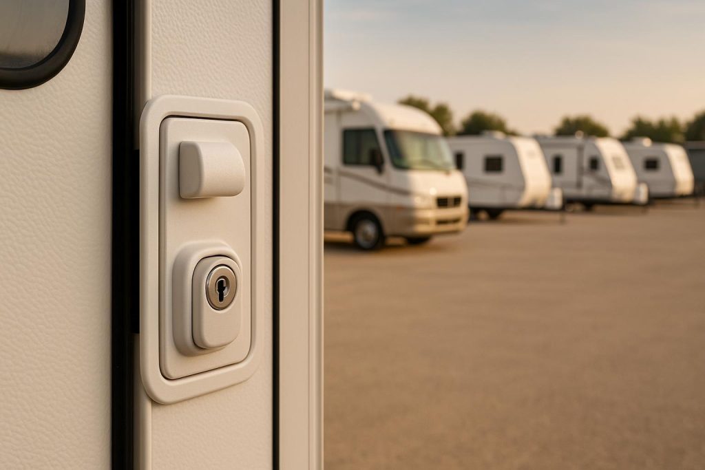 Close-up of an RV door lock in a secure storage lot, showcasing RV door lock safety.