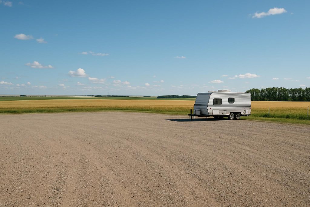Secured trailer sites shown by a trailer parked on a spacious Alberta gravel lot.