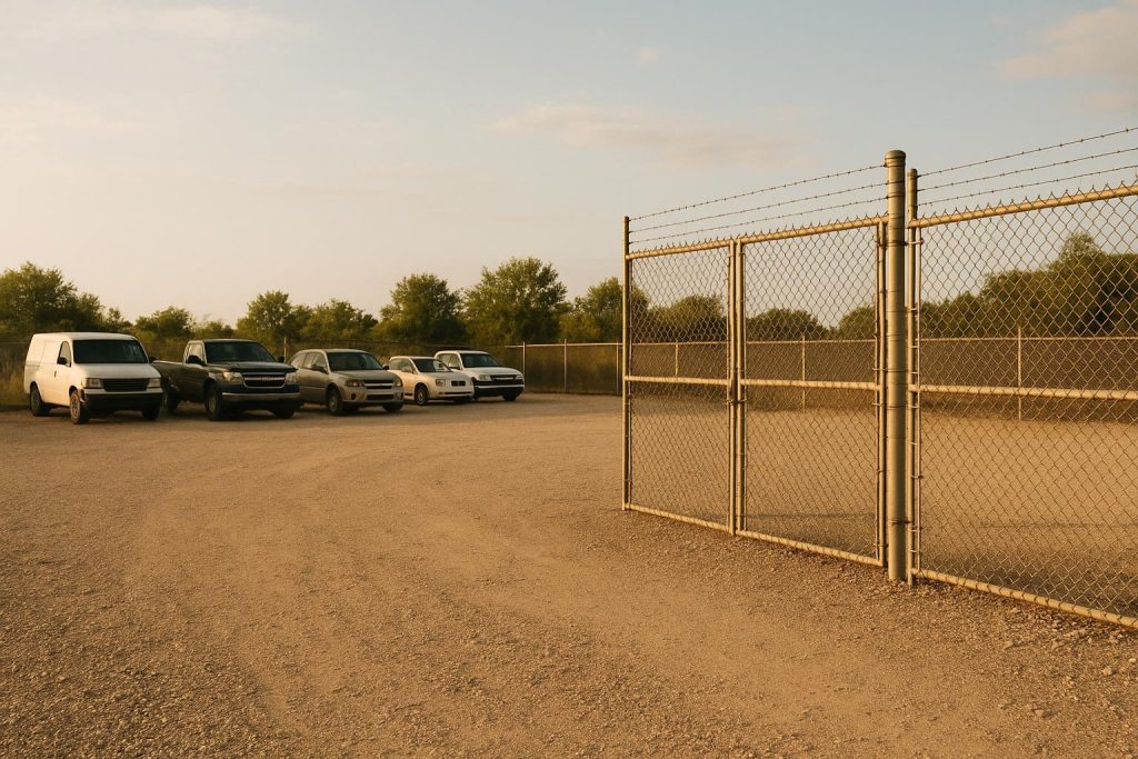 Wide gravel lot with a gated fence, highlighting secure access.