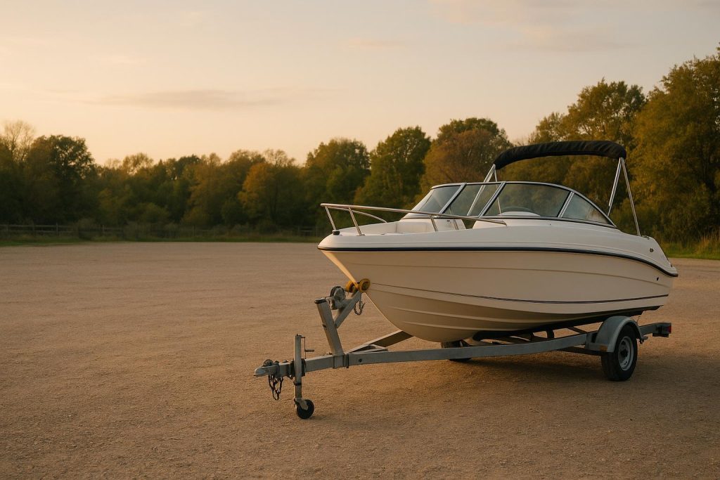 Boat stored outdoors on a gravel stall for long term parking, secure and well-protected.