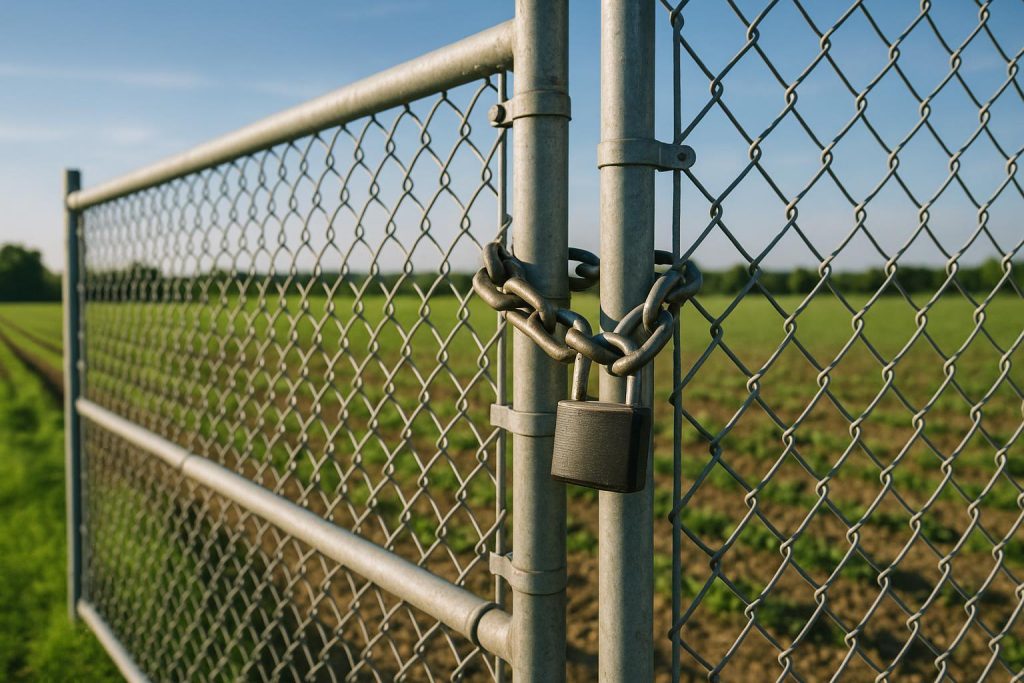 Outdoor vehicle storage gate with locked chain link fence for secured access.