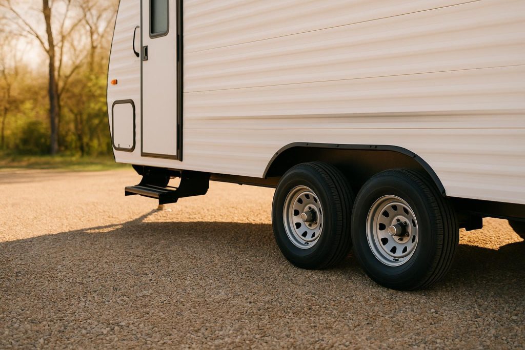 White trailer parked on gravel with well-maintained tires for seasonal trailer parking.