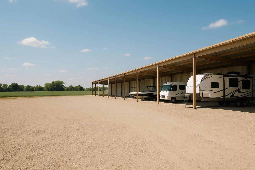 Spacious 12x40 ft gravel stalls at an Edmonton outdoor vehicle storage facility.