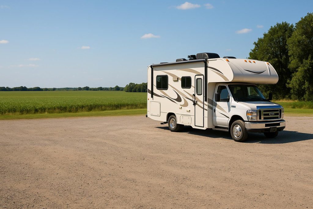 Spacious outdoor RV storage area on a gravel lot.