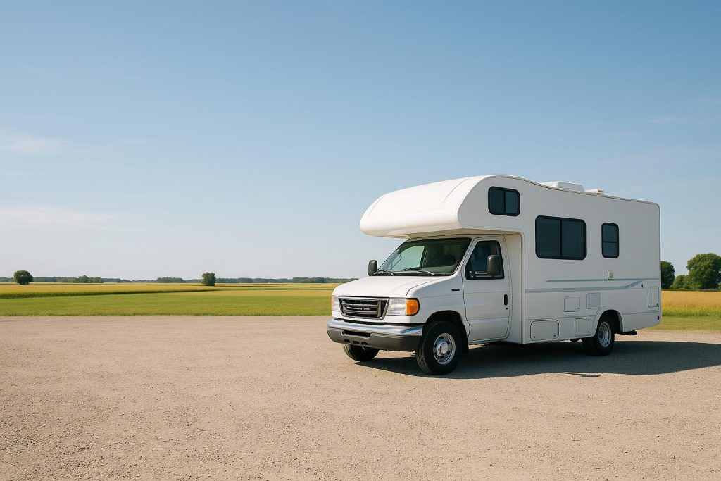 White RV on a gravel lot with farmland backdrop, highlighting secure, spacious RV storage.
