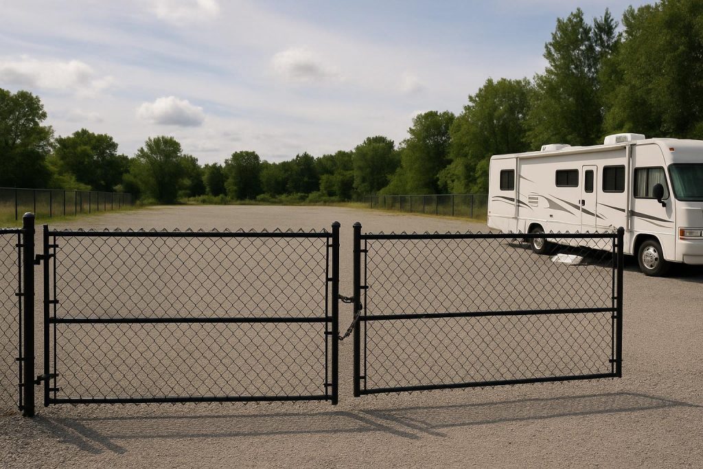 Secure outdoor vehicle storage facility with an RV parked behind a gated fence.