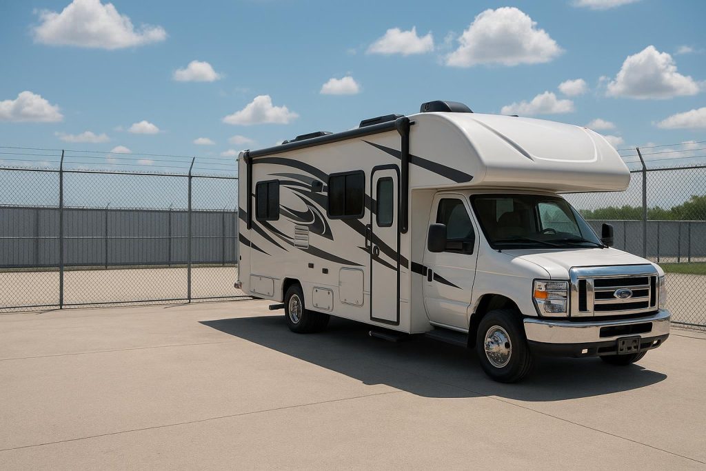 Modern RV parked safely in a fenced outdoor lot, highlighting RV safety.
