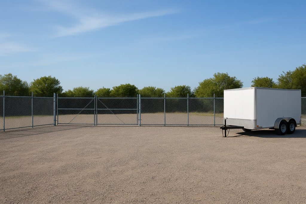Chain-link fence, locked gate, and trailer on gravel, illustrating typical security for seasonal trailer parking.